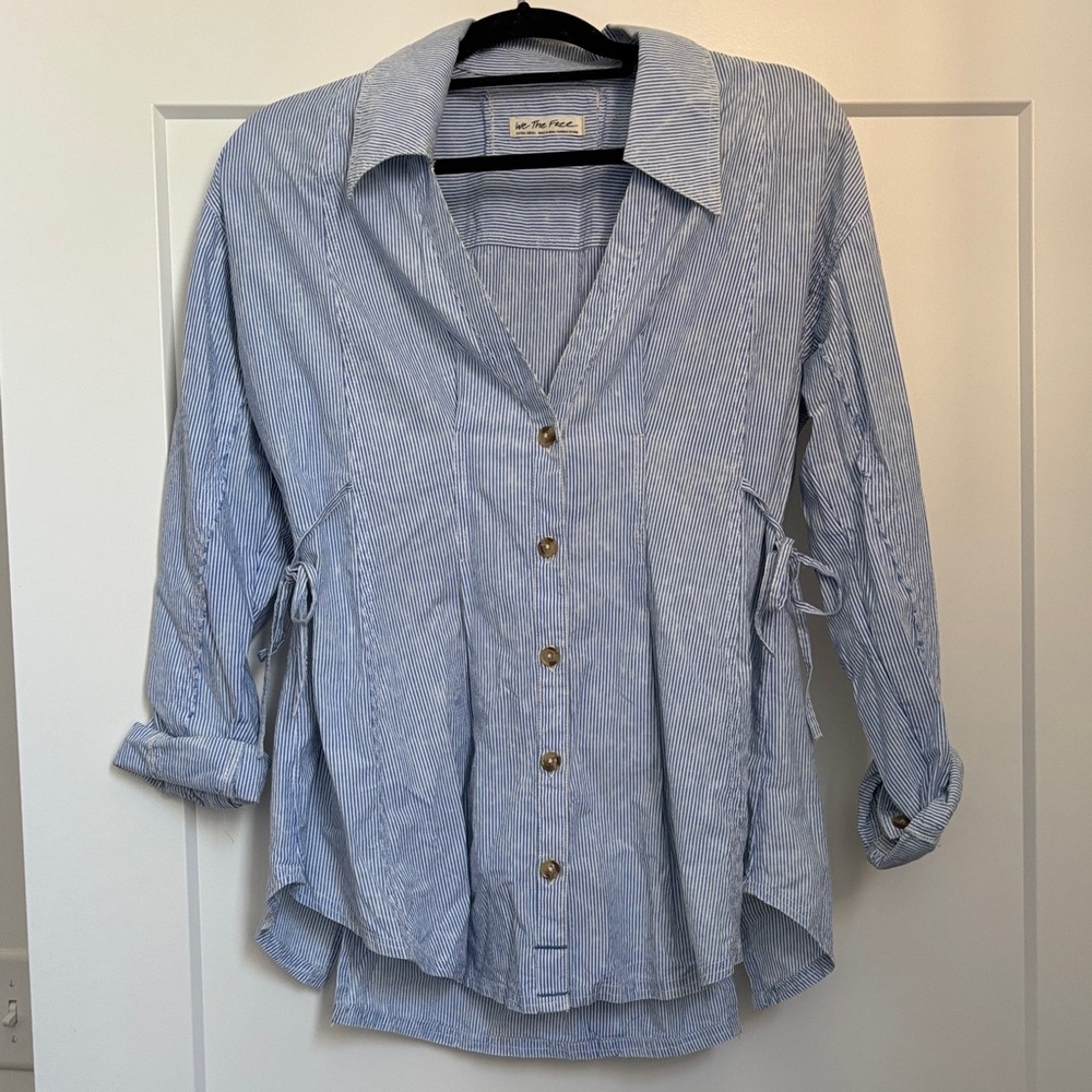 Free People Marten Oxford Stripe Tunic Blouse In Blue Combo XS